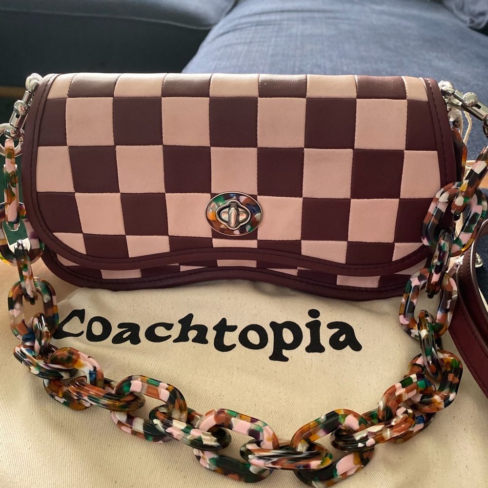 Checkered Shoulder Bag - Pink and Brown